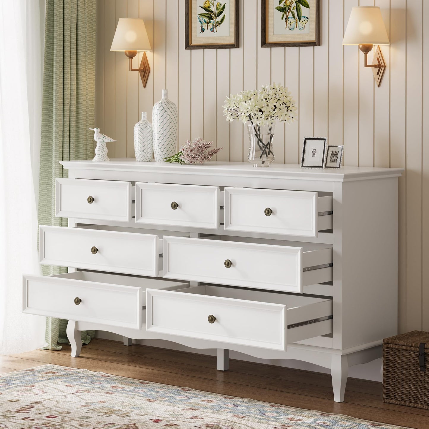 CozyHome Dresser for Bedroom, 7 Drawers Dresser with Distinctive Wooden Legs & White Paint Finish, Black Drawer Dresser with Spacious Storage Space for Bedroom, Living Room, Hallway