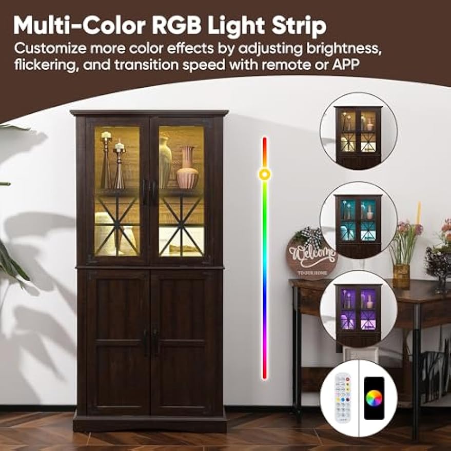 Superjoe 69'' Tall Farmhouse Storage Cabinet, Retro Display Cabinet with RGB Lights, Freestanding Kitchen Pantry Cabinet, Living Room, Home Office, Brown