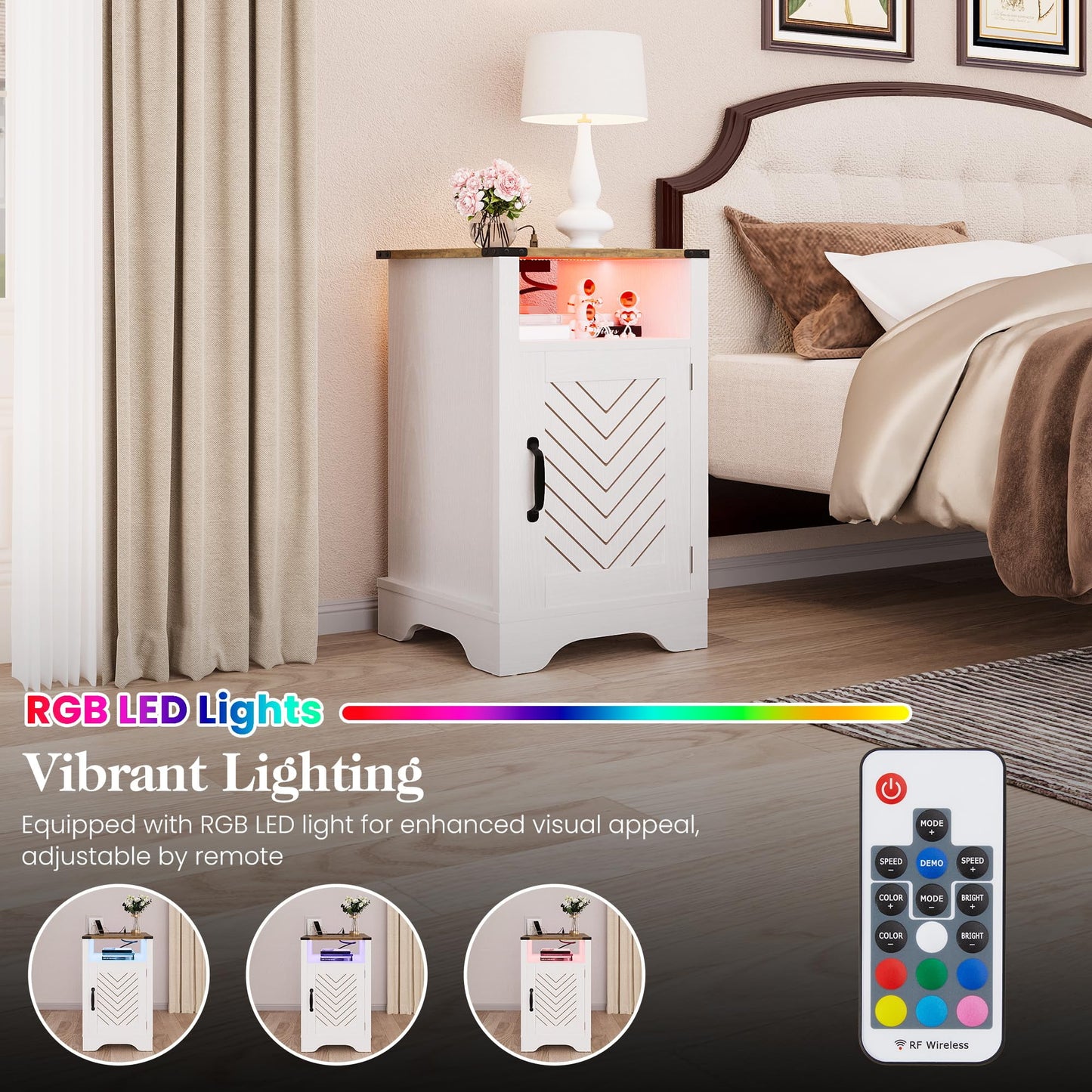Superjoe LED Nightstand with Charging Station, Bedside Table with Storage Cabinet and Shelf, Rustic End Table, Farmhouse Wooden Side Table, for Bedroom, Living Room, White and Rustic Oak