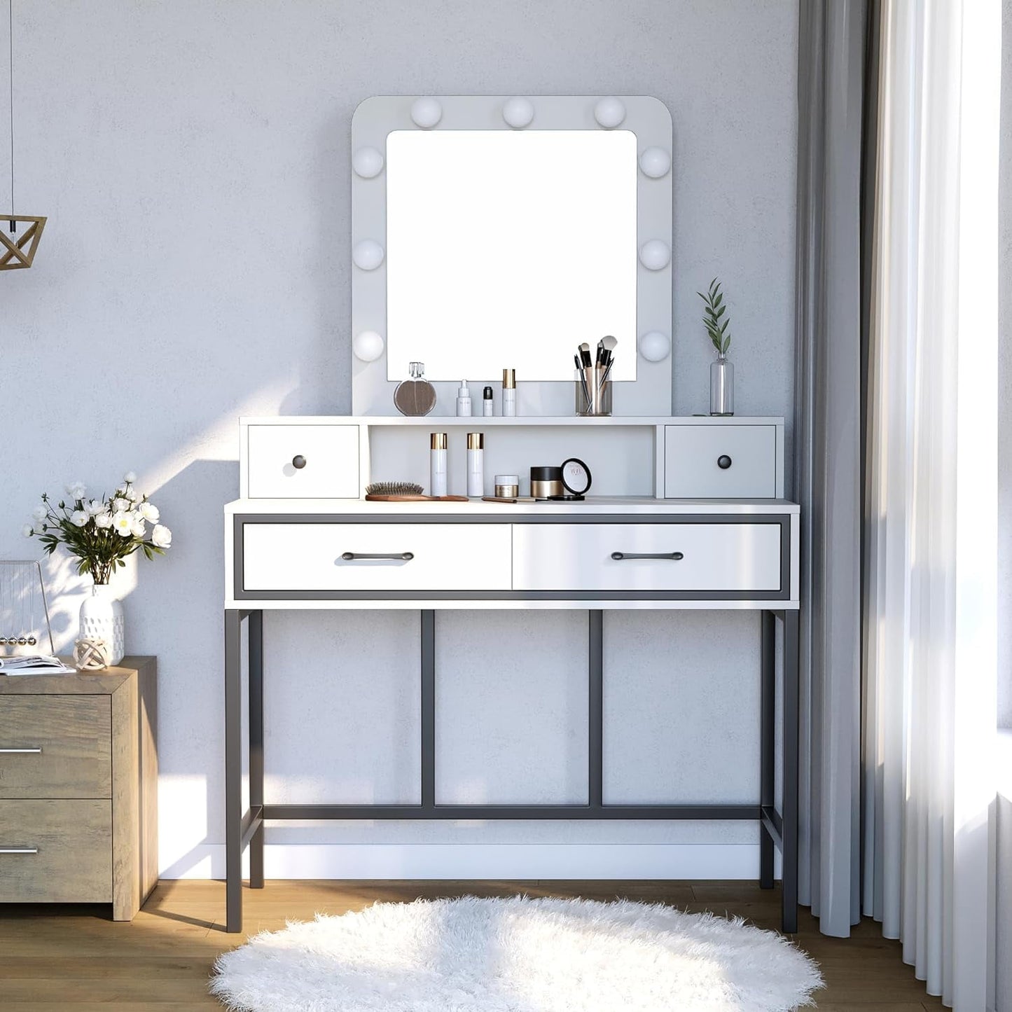 CozyHom Vanity with Mirror and Lights, Dressing Table Makeup Desk Vanity Table with 4 Drawers, 3 Color Lighting Modes & 10 Brightness for Bedroom, Whtie