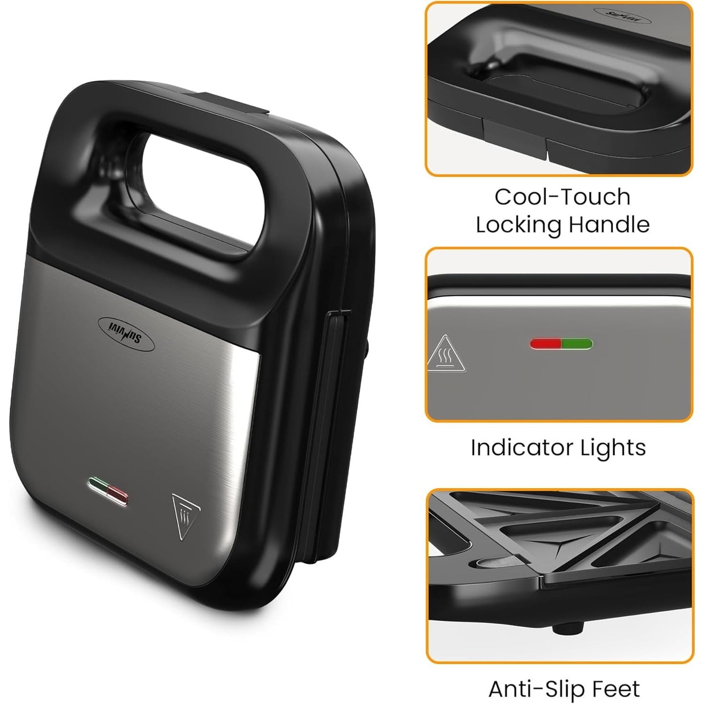 Superjoe Waffle Iron, Panini Press Grill and Sandwich Maker Set, 3 in 1 Electric Sandwich Press with Removable Non-Stick Plates, Indicator Lights & Cool Touch Handle 750W