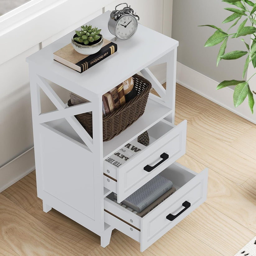 White Nightstand, Farmhouse Side Table with Storage Drawers and Open Shelf, Wooden Rustic End Table for Bedroom, Living Room