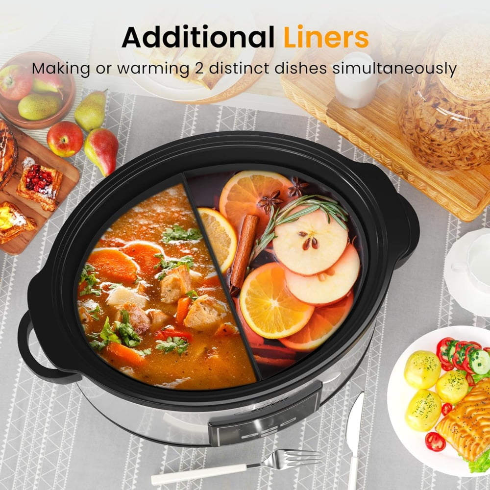 Superjoe Programmable Slow Cooker 6 Quart with 2 in 1 Silicone Liners, Multi-Cooker Food Warmer with Digital Timer, 3 Cooking Settings, Dishwasher-Safe Removable Ceramic Pot & Lid, Silver.