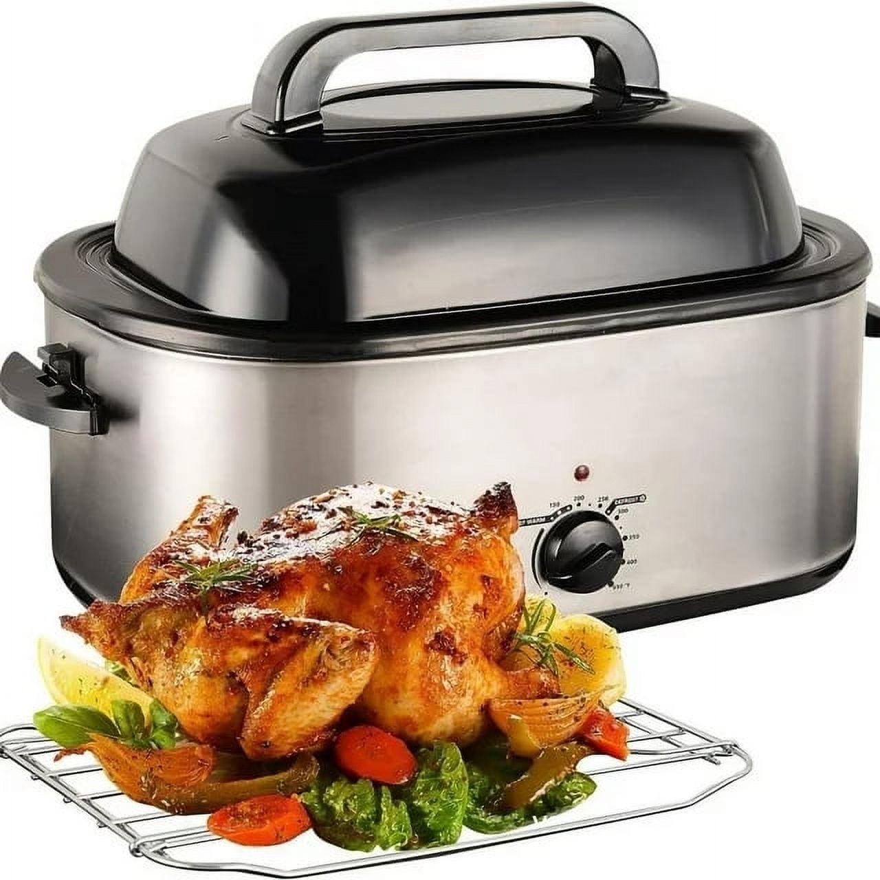CozyHom 26 Quart Electric Roaster Oven Stainless Steel Portable Turkey Electric Roaster Oven, Self-Basting Lid Removable Insert Pot, Silver