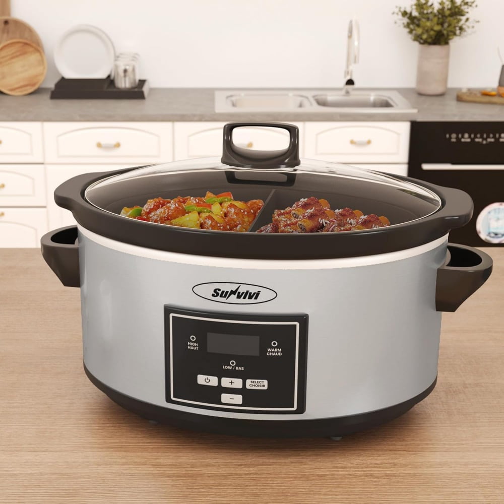 Superjoe Programmable Slow Cooker 6 Quart with 2 in 1 Silicone Liners, Multi-Cooker Food Warmer with Digital Timer, 3 Cooking Settings, Dishwasher-Safe Removable Ceramic Pot & Lid, Silver.