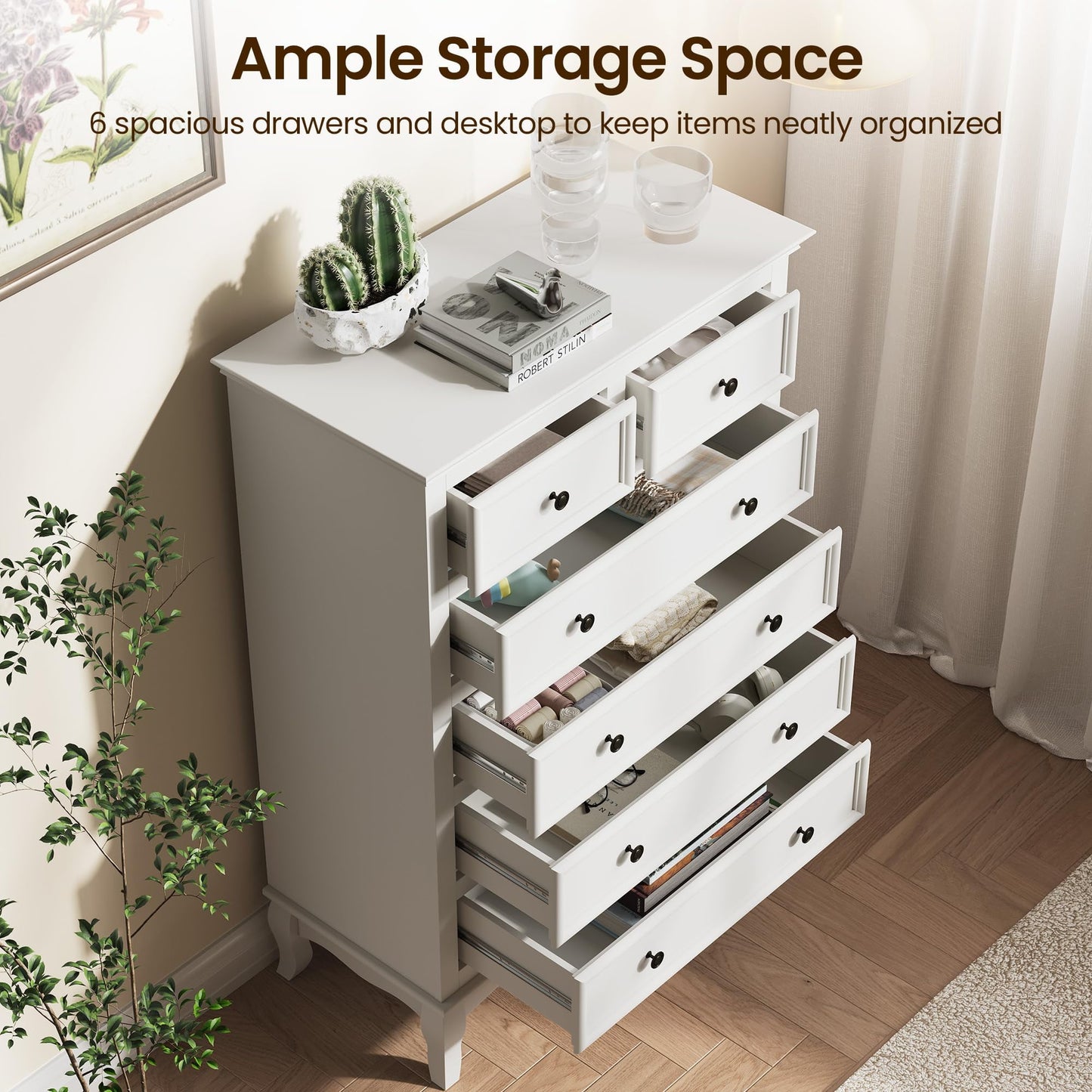 CozyHome White 6 Drawer Dresser, Rustic Tall Chest of Drawers, Modern Wood Dresser, Wooden Storage Closet Cabinet, Clothing Storage Organizer for Living Room, Bedroom, Hallway, Entryway