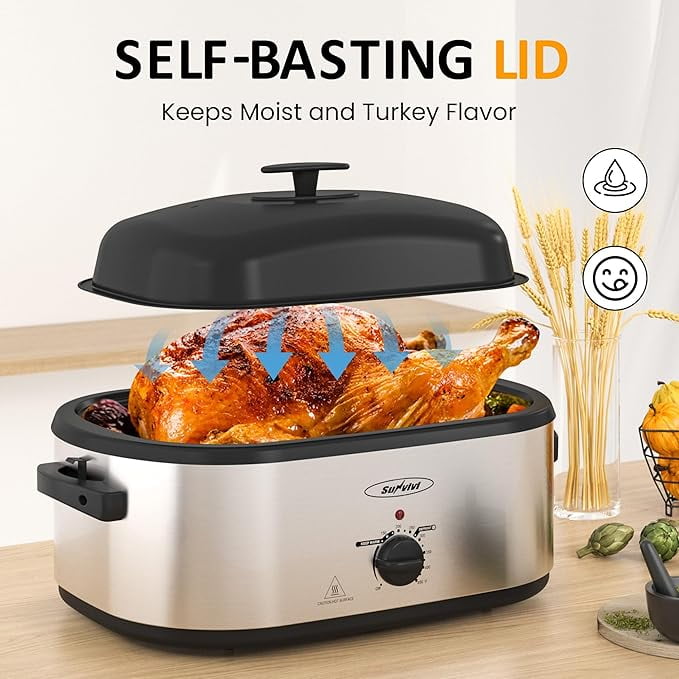Superjoe Electric Roaster Oven, 24 QT Roaster with 3 Compartments and Self-Basting Lid, Turkey Roaster Oven with 150-450°F Full-Range Temperature Control, Removable Pan , Stainless Steel, Silver
