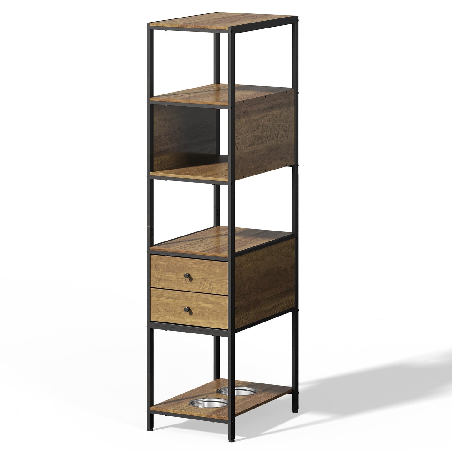 Superjoe Industrial Bookshelf, Standing Display Shelf with 2 Dog Bowls, Metal and Wood Bookshelf, Dog Feeder Station with Shelves, Brown