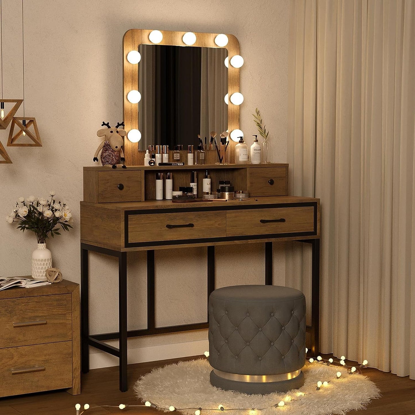 Royalcraft Makeup Vanity Table Set with Sliding Lighted Mirror