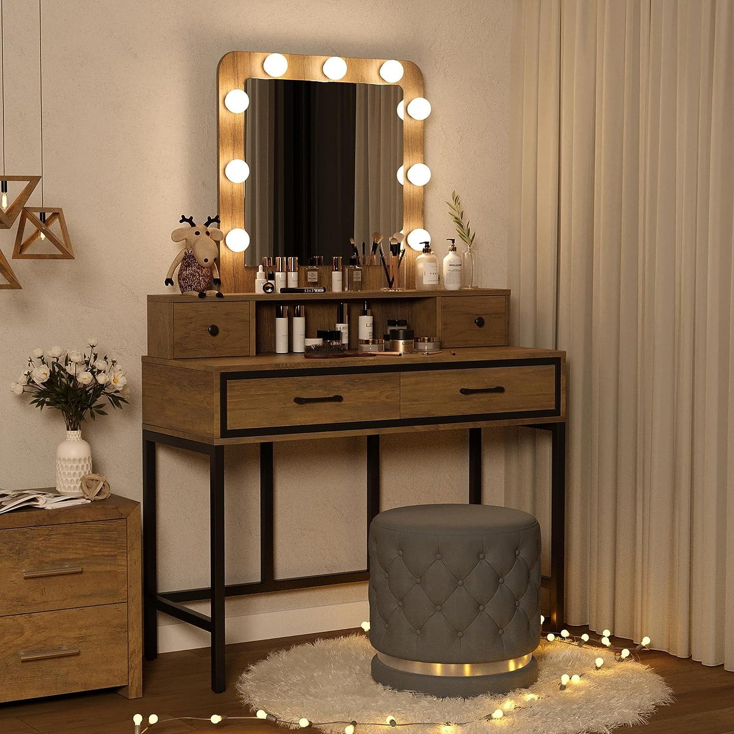 CozyHom Vanity with Mirror and Lights, 40" Large Dressing Makeup Vanity Table with 4 Drawers, 3 Color Lighting Modes & 10 Brightness, Dressing Table with Metal Frame for Bedroom, Brown