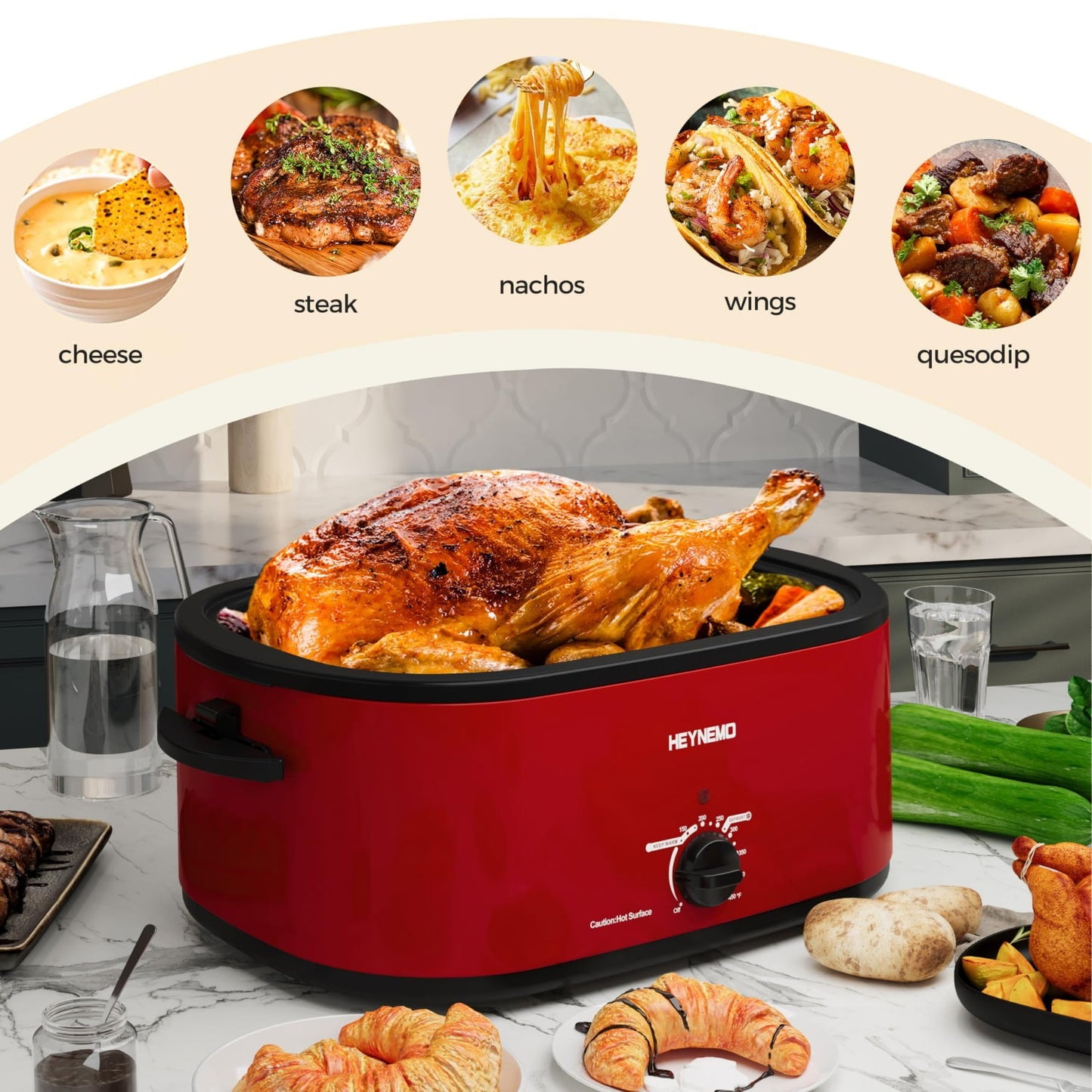 Superjoe Outdoor 20 Quart Roaster Oven, Electric Roaster with Self-Basting Lid, Removable Pan & Rack, Turkey Roaster Oven with Defrost & Warm Function, Stainless Steel, Red