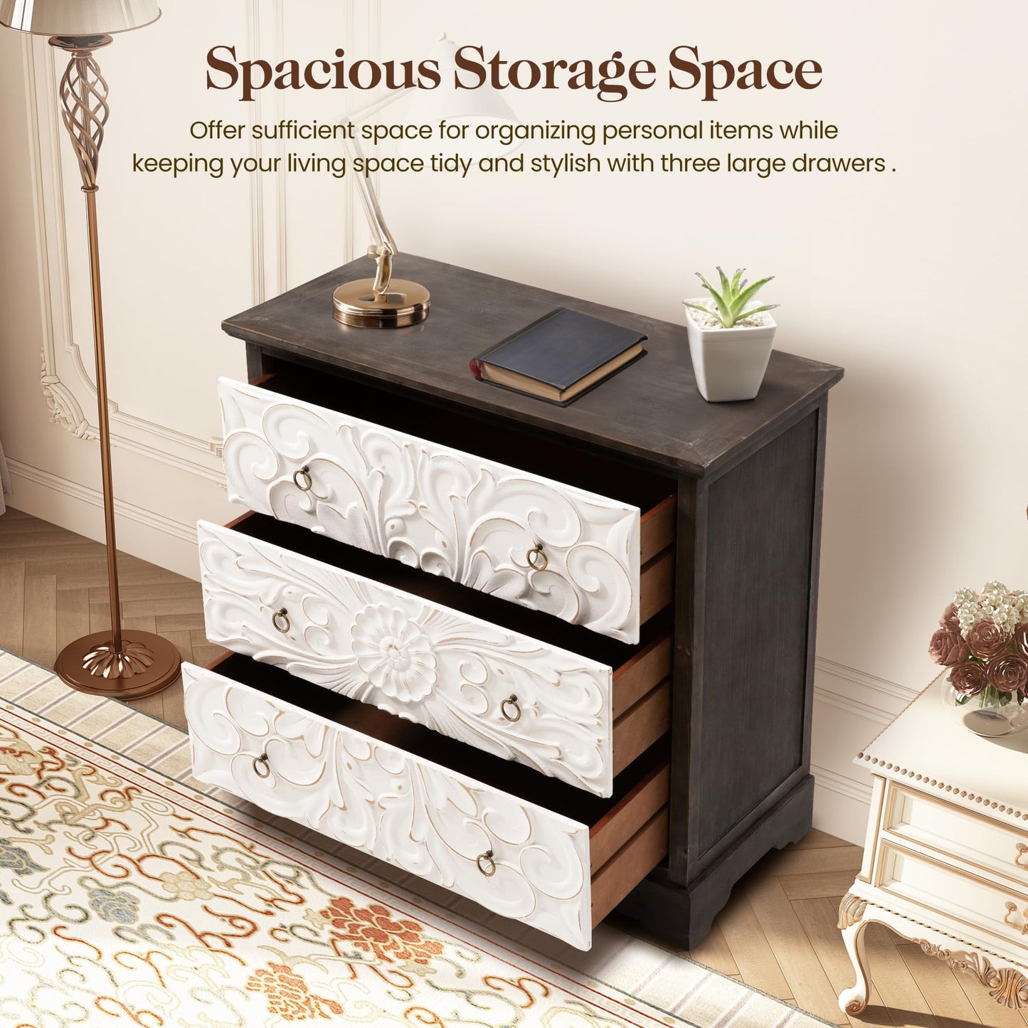 Superjoe 3 Drawer Dresser, 3 Chest of Drawers, Accent Storage Cabinet with Drawers, Wooden Closet Organizer, Bedside Table with Gourd Legs, Farmhouse Nightstand for Bedroom Hallway Living Room, Grey