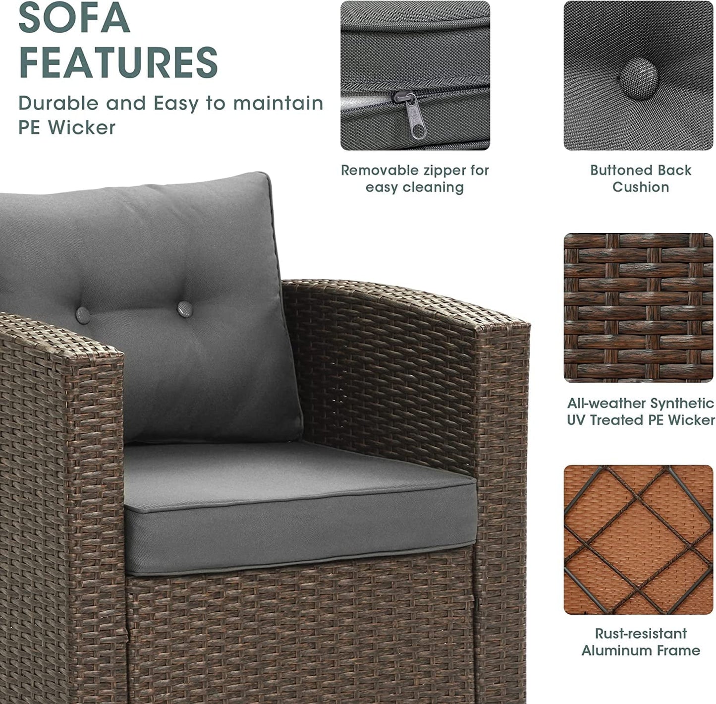 sunvivicollection Patio Furniture Set with Cushions, PE Wicker Outdoor Conversation Set Outdoor Sectional Sofa for Garden, Beach, Balcony and Poolside, Aluminum Frame