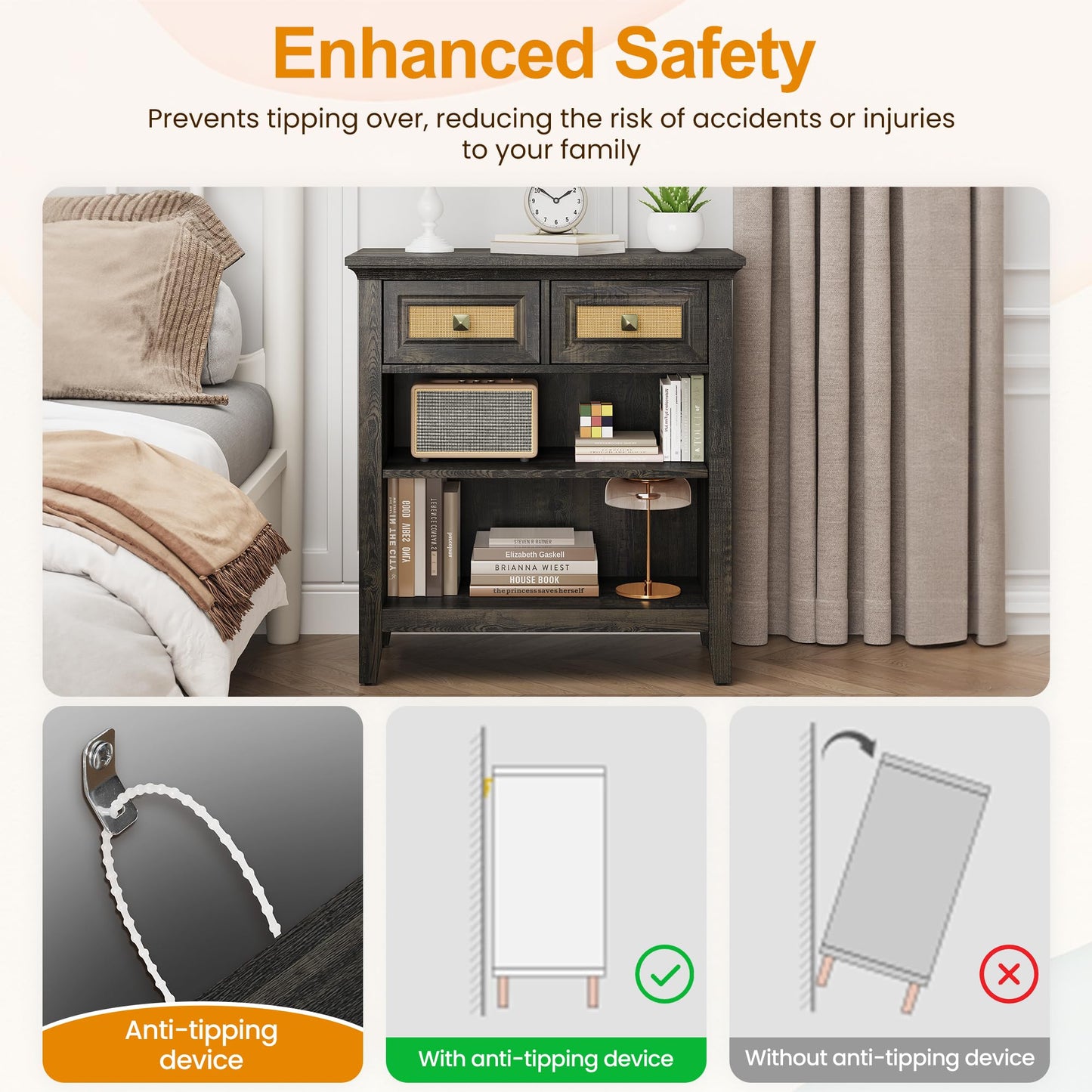 CozyHome Rattan Storage Cabinets, Accent Boho Storage Cabinet with 2 Drawers and 2 Shelves, Multipurpose Modern Storage Cabinet for Living Room, Entryway, Front Hall, Hallway, Coffee