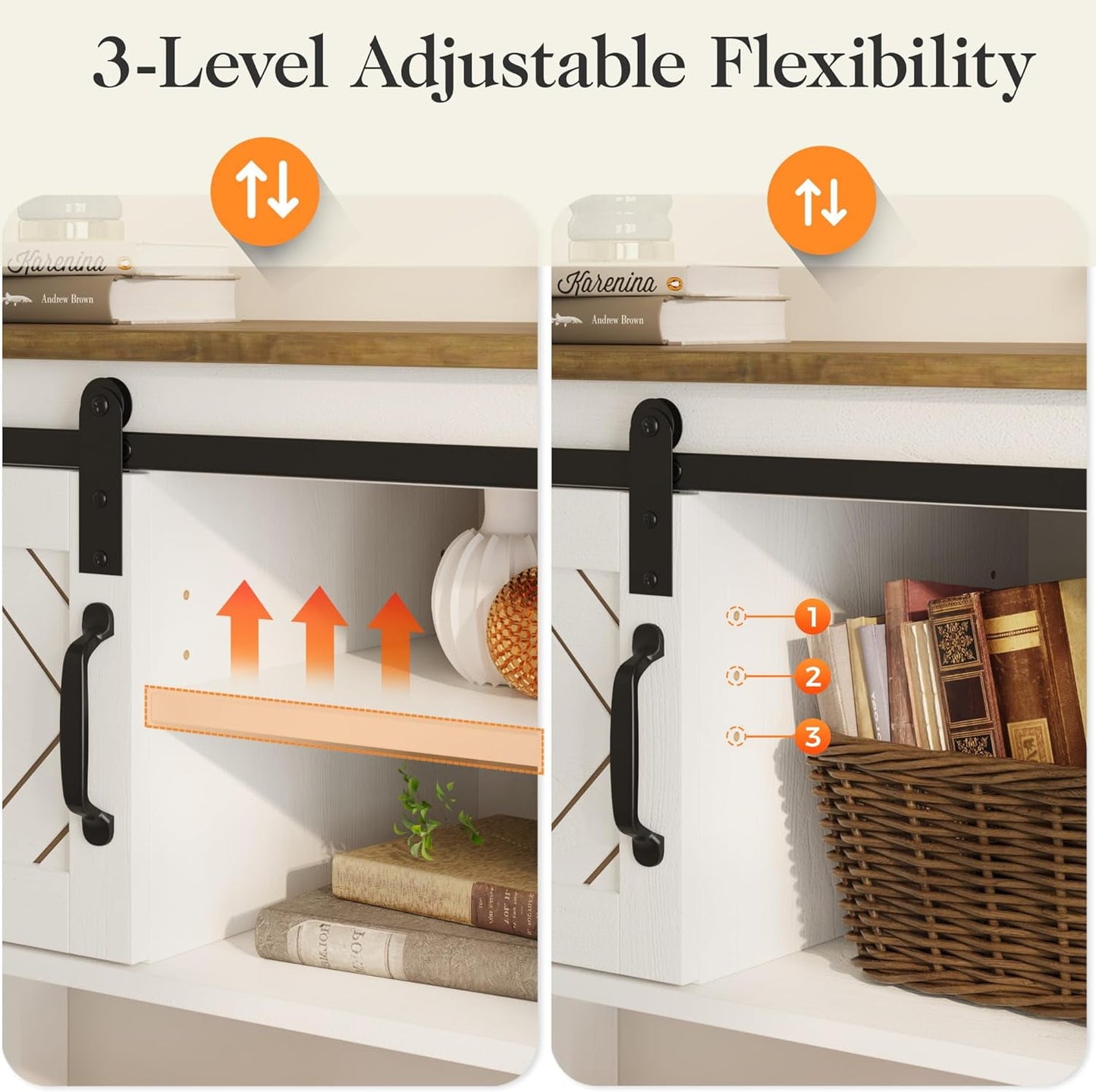 CozyHom Console Table With Storages&Shelves, Side Entryway Table With Sliding Barn Doors for Office, Bedroom, White-Brown