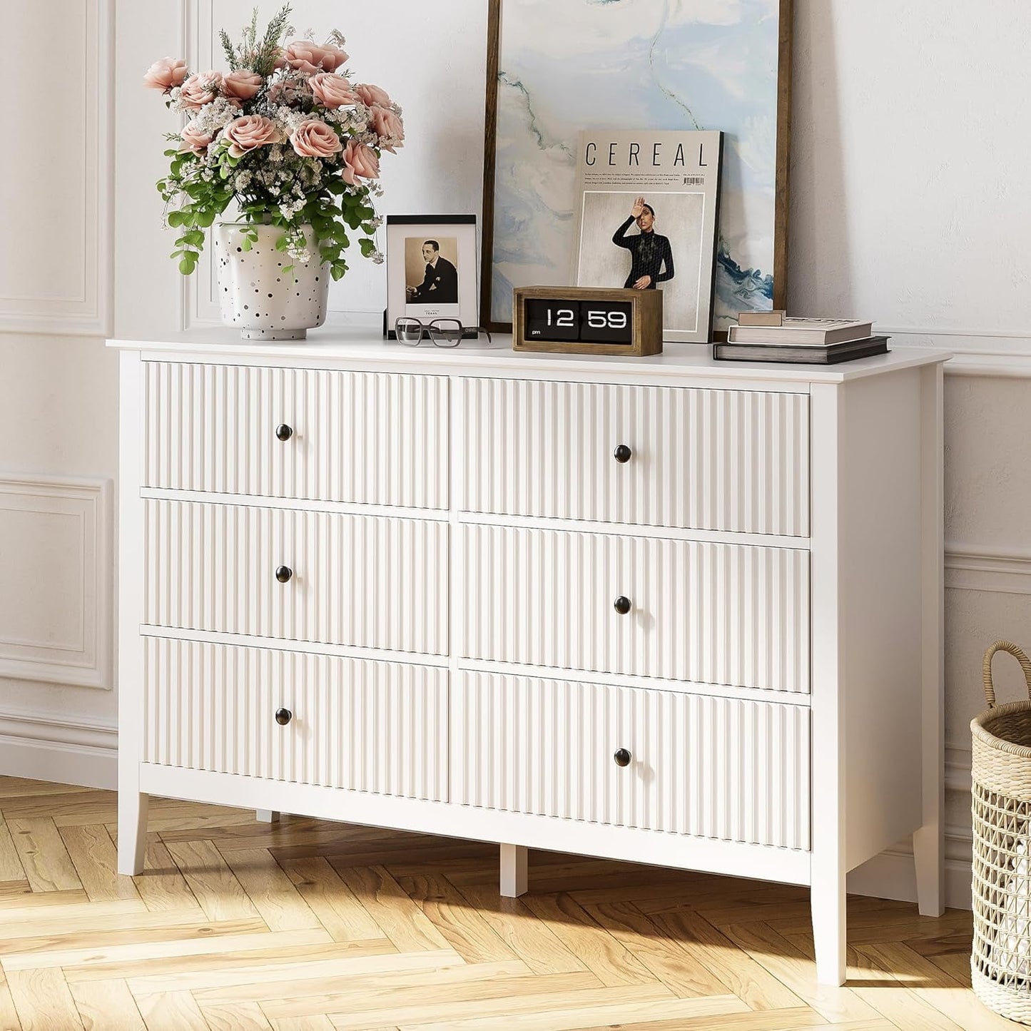 CozyHome 6 Drawers White Dresser Cabinet with Silent Slide Drawers, 47" Wide Chest of Drawers Wooden Storage Closet Organizer for Nursery, Living Room, Hallway, White