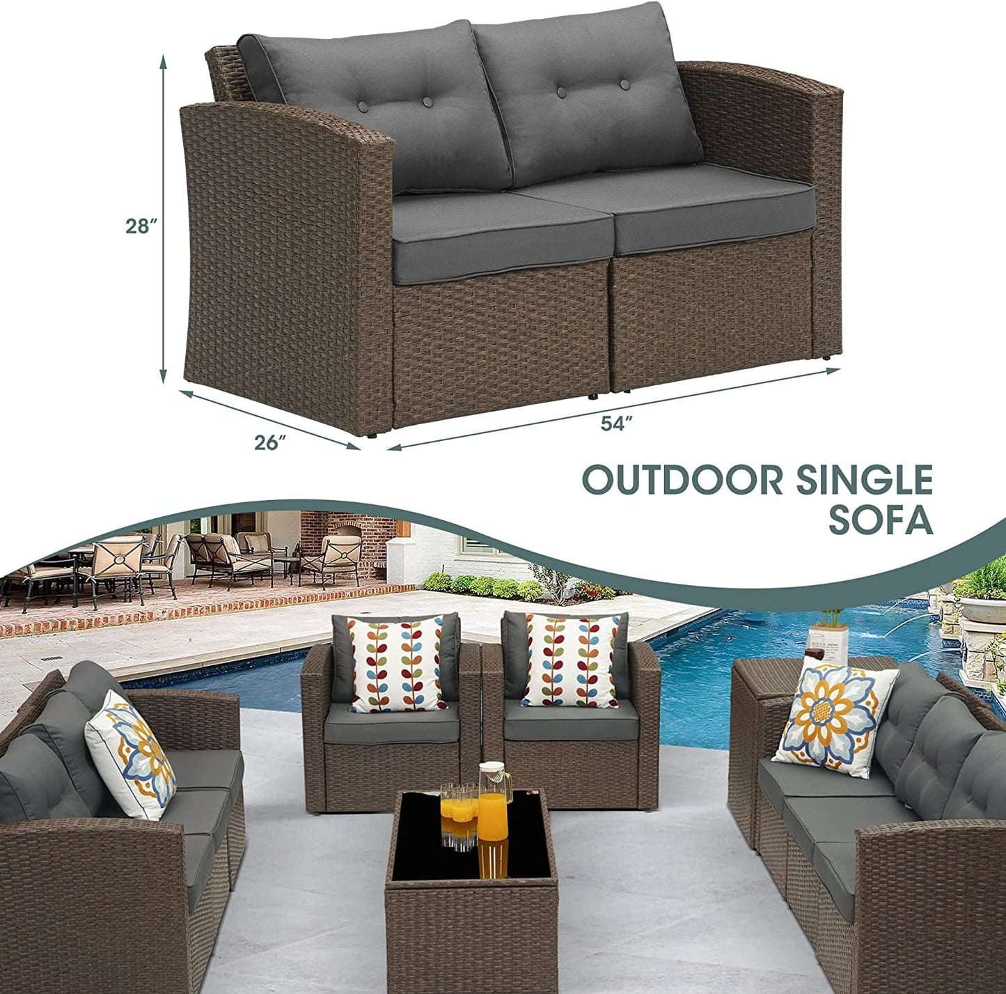 sunvivicollectionPatio Wicker Loveseat 2-Seater Sofa, Rattan Wicker Sofa for 2 Persons with Cushions for Garden, Beach, Balcony and Poolside, Aluminum Frame