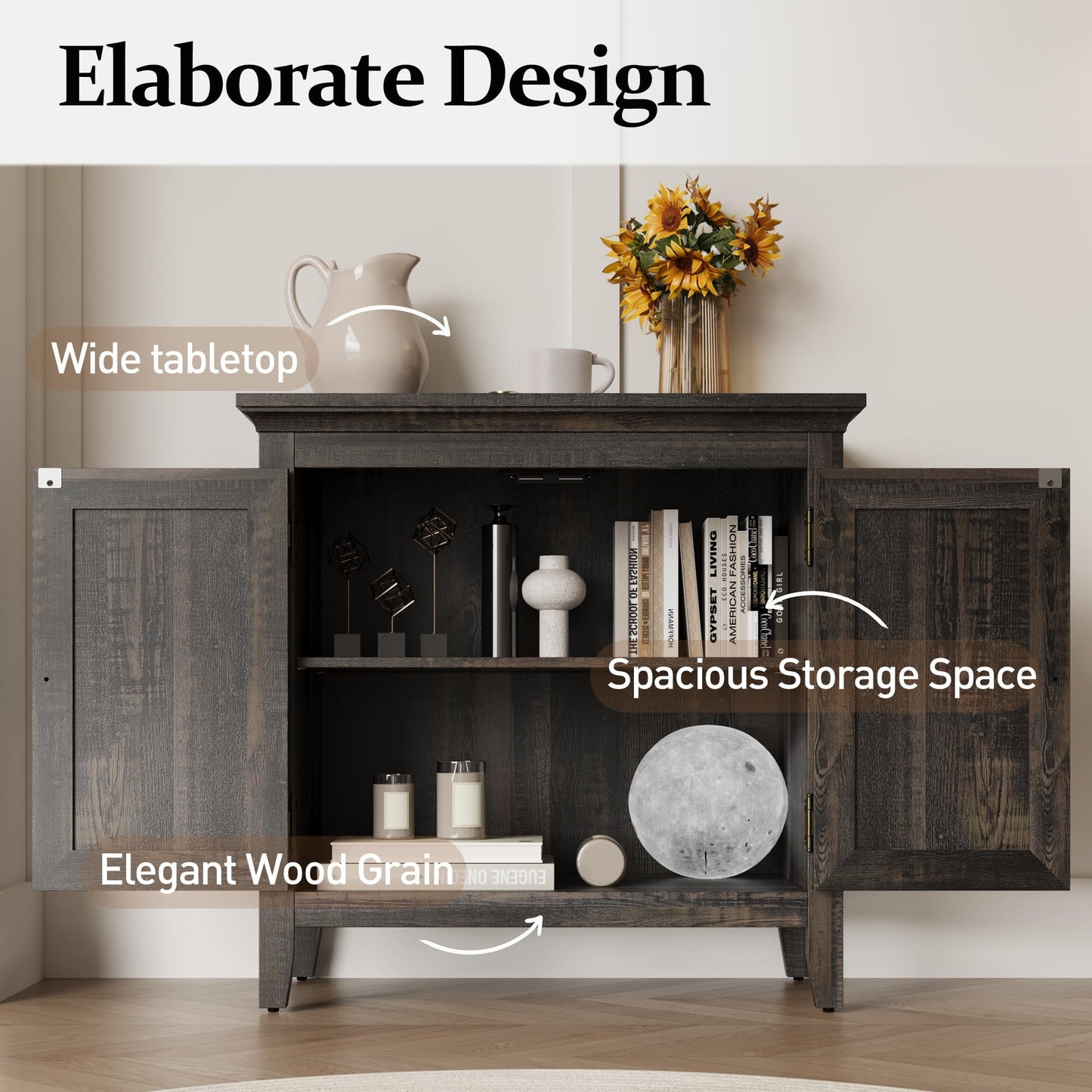 Superjoe Storage Cabinet, Kitchen Sideboard Cabinet with Rattan Decor Doors, Accent Buffet Cabinet with Adjustable Storage Shelf, Wood Cabinet Organizer for Hallway, Dining Room, Living Room, Coffee