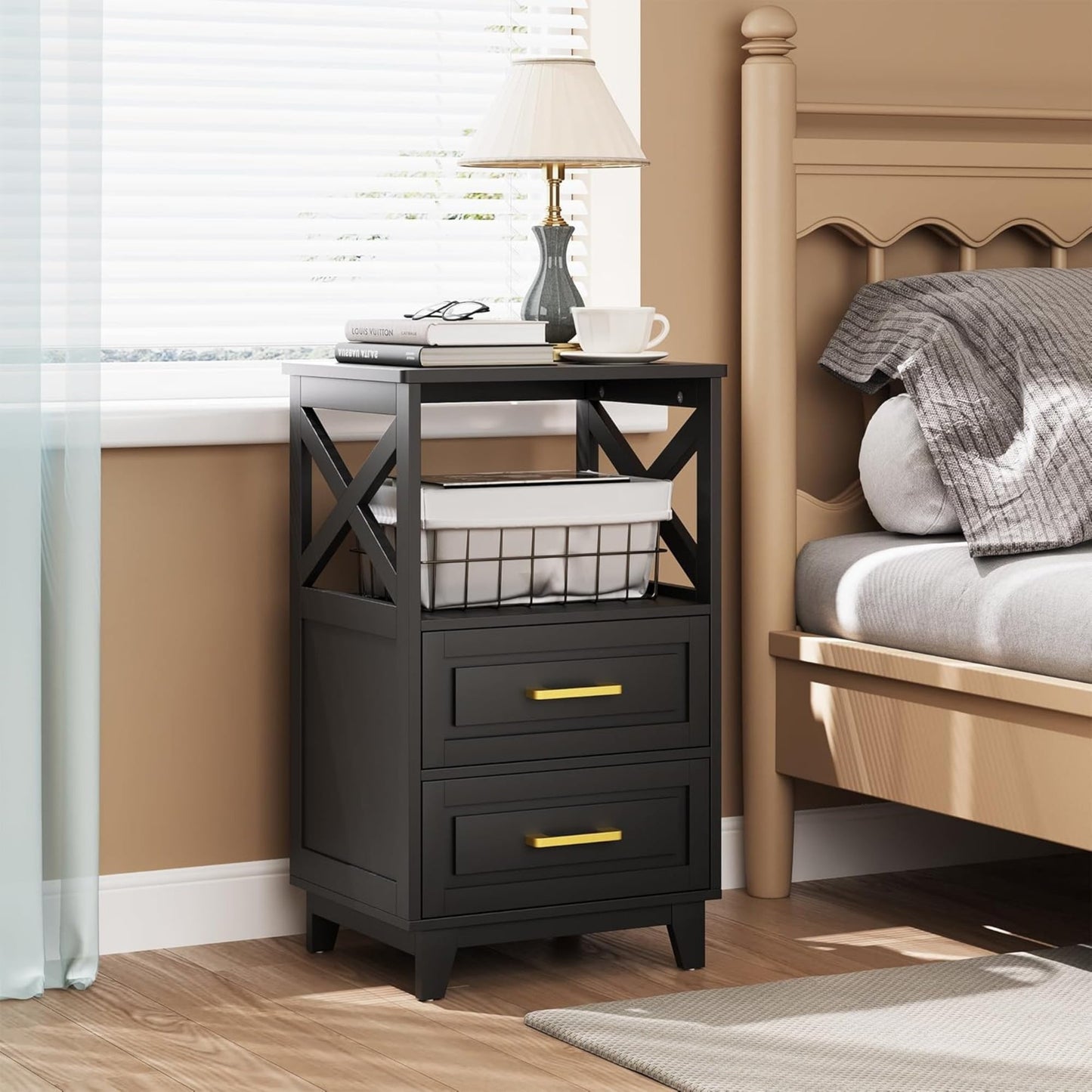 Superjoe Tall Nightstand Set of 1, Side Table with 2 Drawers and Open Shelf Top, Bedside Table with Solid Feet, Modern Night Stand End Table for Bedroom, Living Room, Home Office, Black
