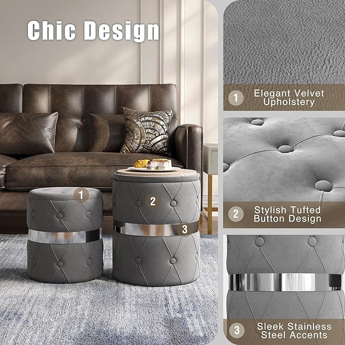 RoyalCraft Storage Ottoman Set of 2, Versatile Footrest Stool with Stainless Steel Base, Modern Round Vanity Stool Chair Foot Stools, Support 200lbs Padded Seat, for Living Room, Bedroom