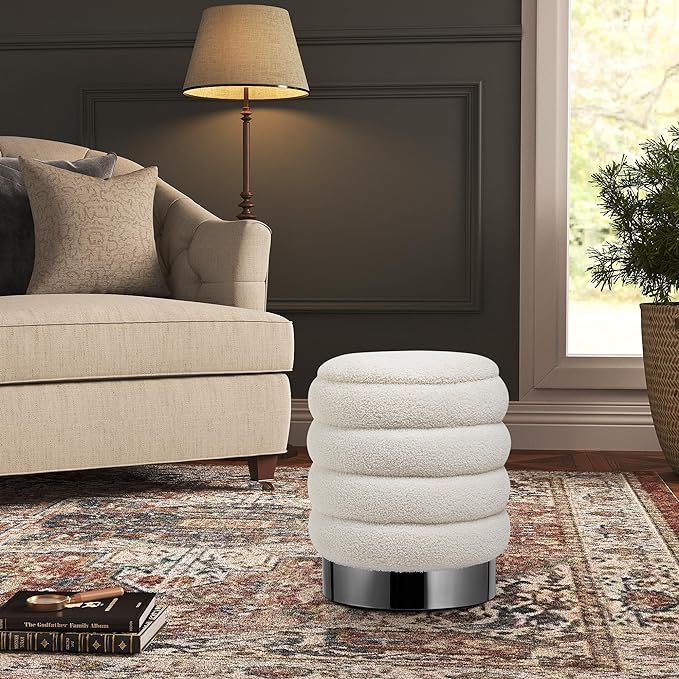 RoyalCraft 21.5Qt Storage Ottoman, Versatile Footrest Stool with Stainless Steel Base, Modern Round Vanity Stool Chair Foot Stools, Support 200lbs Padded Seat, for Living Room, Bedroom, Beige