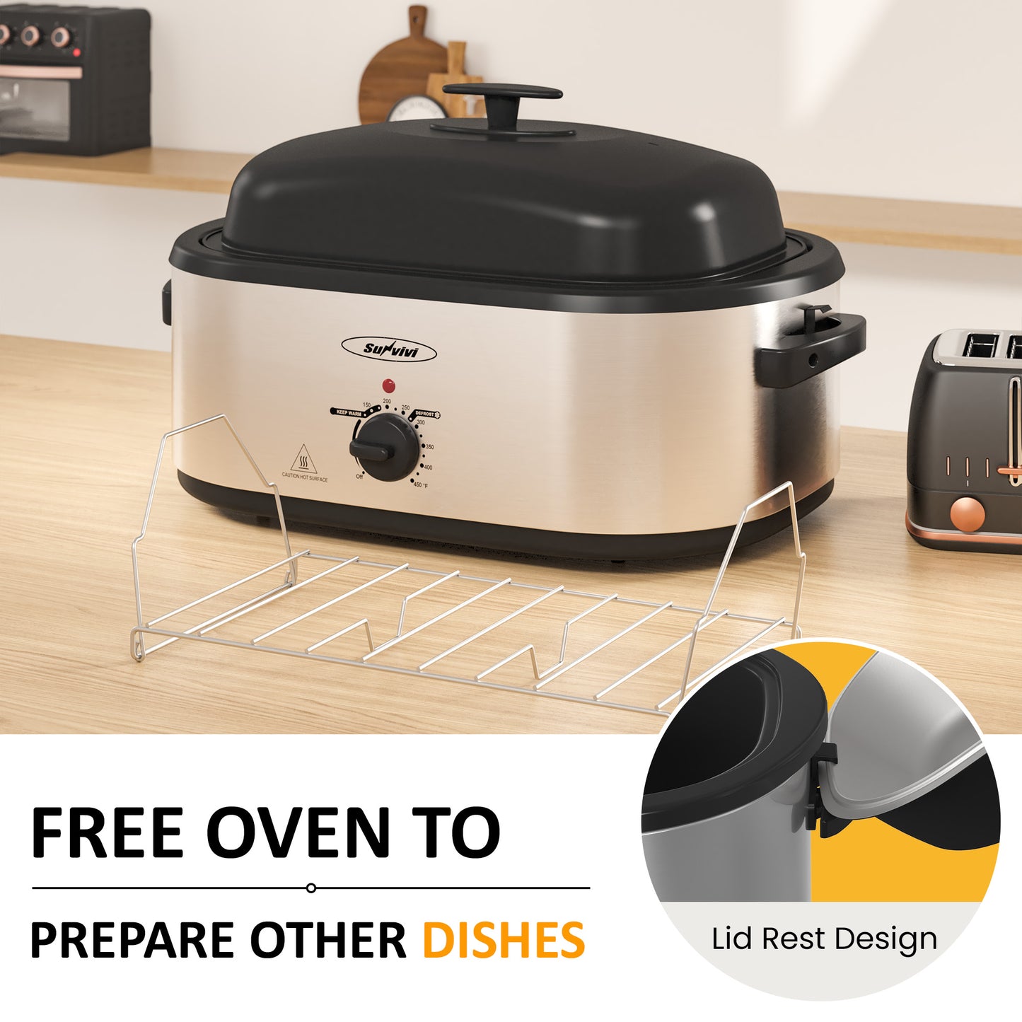 Electric Roaster Oven, 20 QT Roaster with Self-Basting Lid and Buffet Server, Turkey Roaster Oven with 150-450°F Full-Range Temperature Control, Removable Pan & Rack, Stainless Steel, Silver