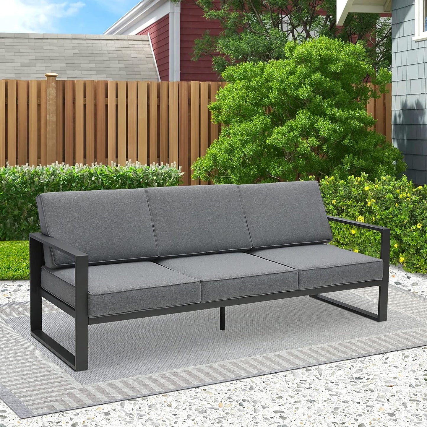 SunviviCollection Aluminum Patio Furniture Couch, Metal Contemporary 3-Seat Sofa Chair with Cushion and Waterproof Cover, Modern Grey