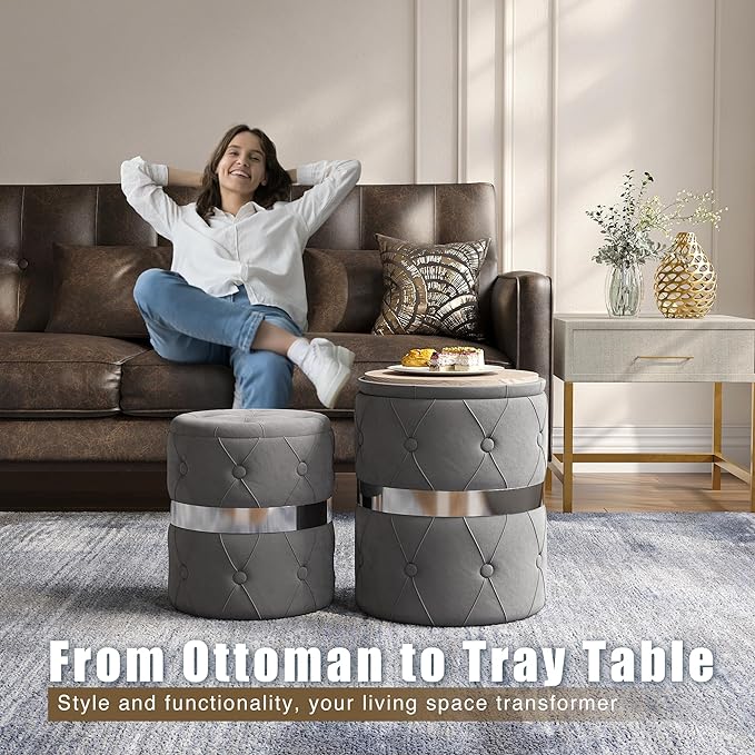 RoyalCraft Storage Ottoman Set of 2, Versatile Footrest Stool with Stainless Steel Base, Modern Round Vanity Stool Chair Foot Stools, Support 200lbs Padded Seat, for Living Room, Bedroom