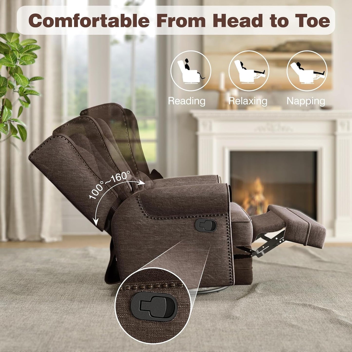 Superjoe Swivel Recliner Chair, Comfy Glider Rocking Chairs with Lumbar Pillow and Footrest, Upholstered Swivel Rocking Chair for Bedroom,Nursery, Brown