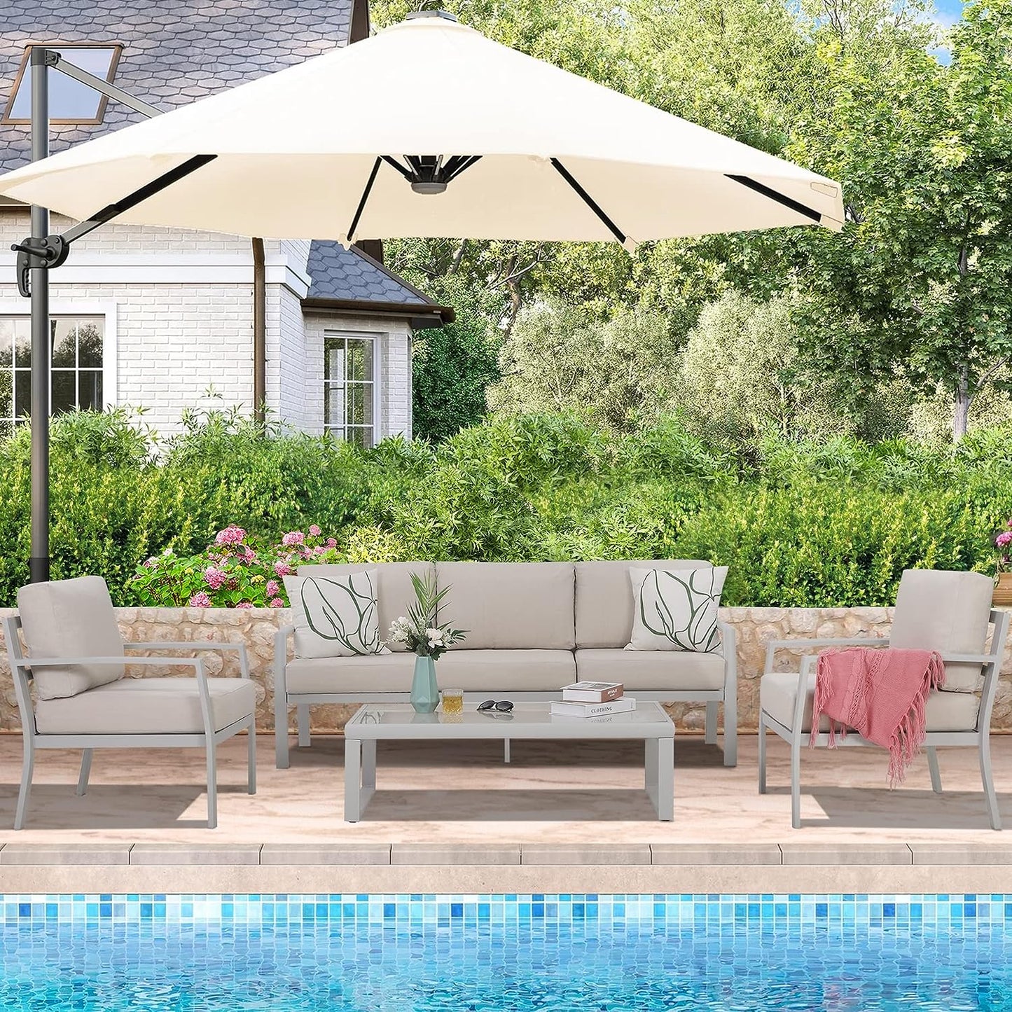 SunviviCollection Aluminum Patio Furniture, Outdoor Metal Patio Furniture Conversation Set with Coffee Table, Outside Patio Sofa Sets with Cushion for Balcony Backyard Garden, Beige