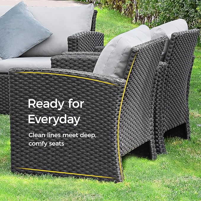 5 Pieces Patio Furniture Set, All Weather PE Wicker Rattan Outdoor Furniture with Coffee Table and Storage Box, Outdoor Sectional Sofa for Lawn Backyard Poolside Porch Garden, Grey