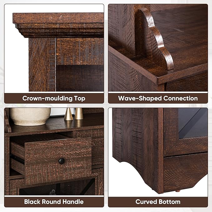 71'' Tall Farmhouse Bar Cabinet, Retro Buffet Cabinet with Charge Station & LED Lights, Liquor Cabinet Bar with Wine Bottle Rack for Kitchen, Living Room, Brown