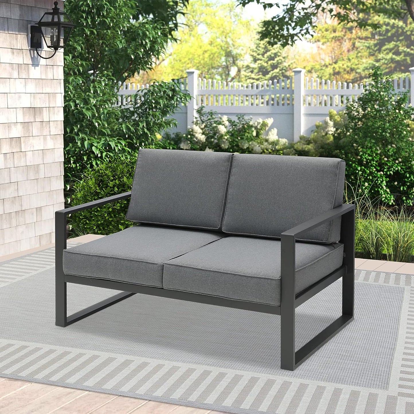 SunviviCollection Aluminum Patio Furniture Loveseat, Metal Contemporary 2-Seat Sofa Chair with Cushion and Waterproof Cover, Modern Blue Outside Couch