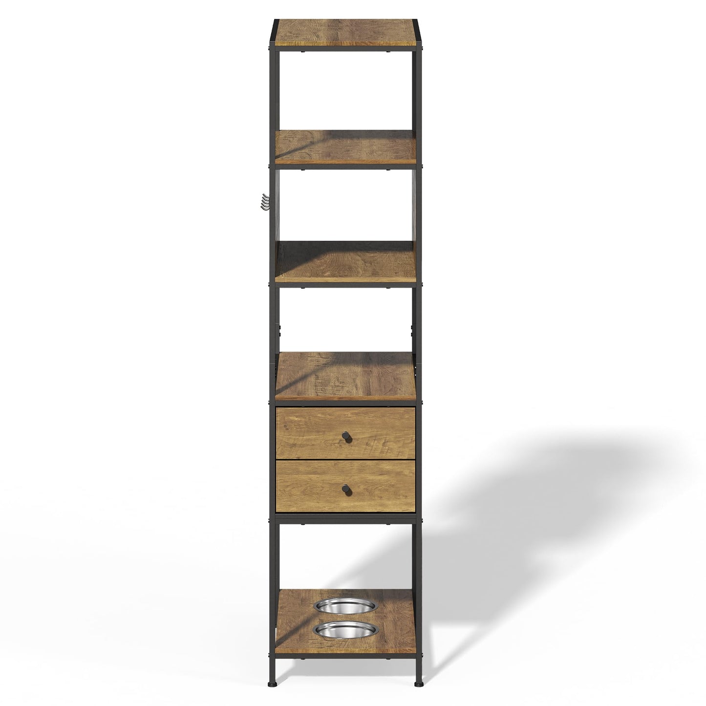 Superjoe Industrial Bookshelf, Standing Display Shelf with 2 Dog Bowls, Metal and Wood Bookshelf, Dog Feeder Station with Shelves, Brown