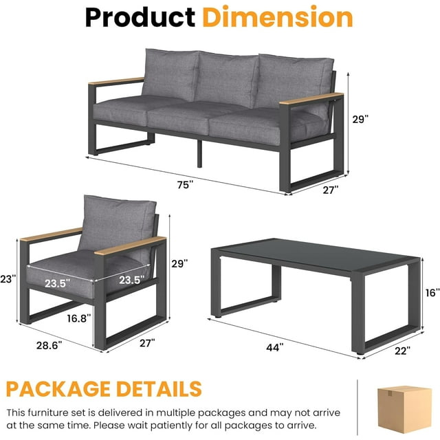 RoyalCraft Aluminum Patio Furniture Set, 7 Piece Outdoor Conversation Set with Coffee Table, Metal Outdoor Patio Furniture Set for Porch Backyard Garden, Grey