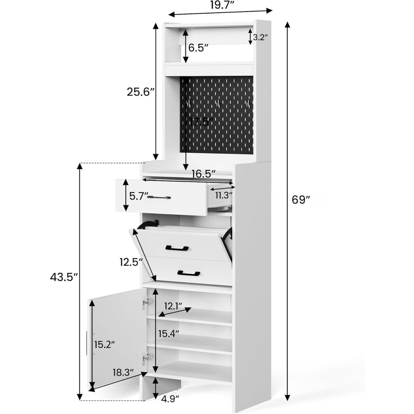 Superjoe 5-in-1 Shoe Cabinet with Flip Drawer, Entryway Shoe Storage with Pegboard, Adjustable Shelf, Wood Entryway Cabinet, White