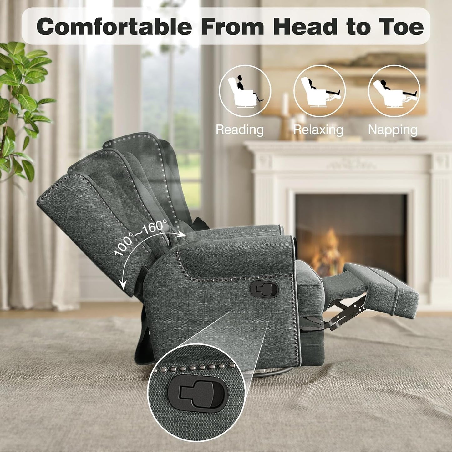 Superjoe Swivel Recliner Chair, Comfy Glider Rocking Chairs with Lumbar Pillow and Footrest, Upholstered Swivel Rocking Chair for Bedroom,Nursery, Dark Grey