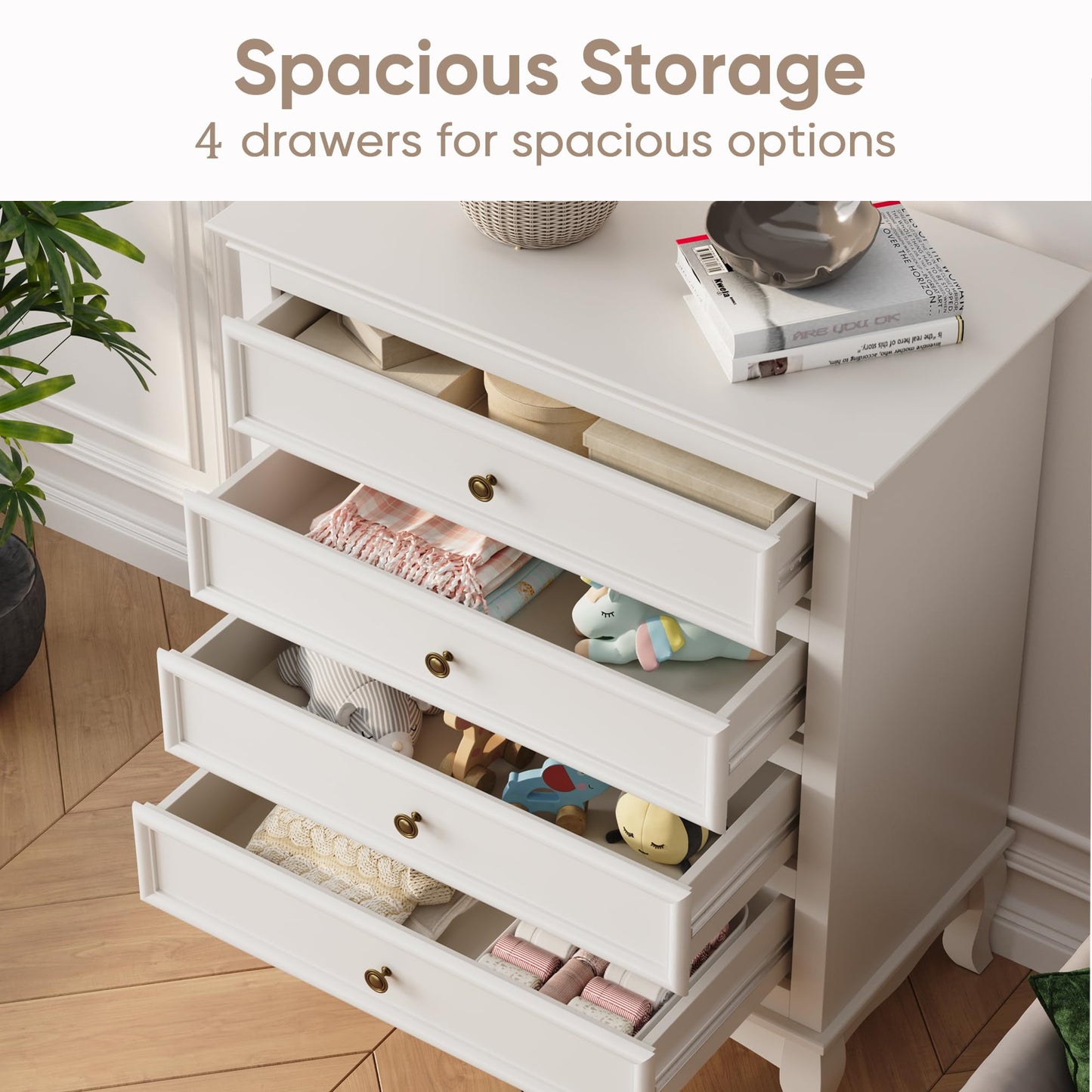 CozyHome White 4 Drawer Dresser, Large Storage Chest with Ball Bearing Slide, Wide Chest of Drawers, Modern Wood Dresser for Bedroom, Living Room, Hallway, Entryway, White
