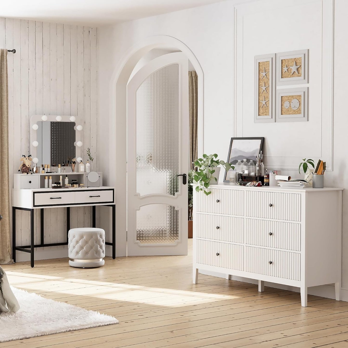 CozyHome 6 Drawers White Dresser Cabinet with Silent Slide Drawers, 47" Wide Chest of Drawers Wooden Storage Closet Organizer for Nursery, Living Room, Hallway, White