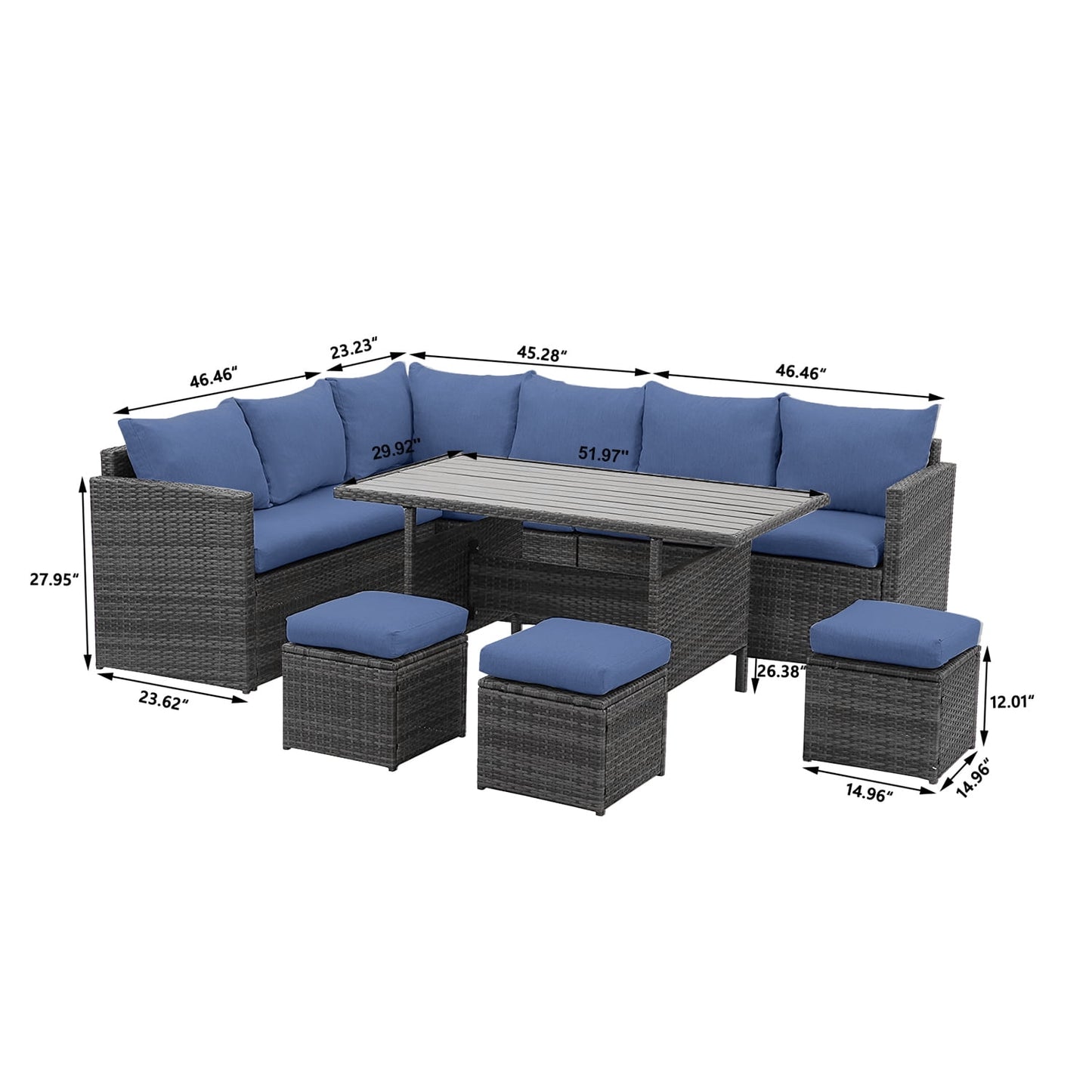 CozyHom 7 Pcs Modern Outdoor Patio PE Wicker Rattan Conversation Sofa Furniture Set, Sectional Furniture Couch Sets with Dining Table and Cushions, Blue