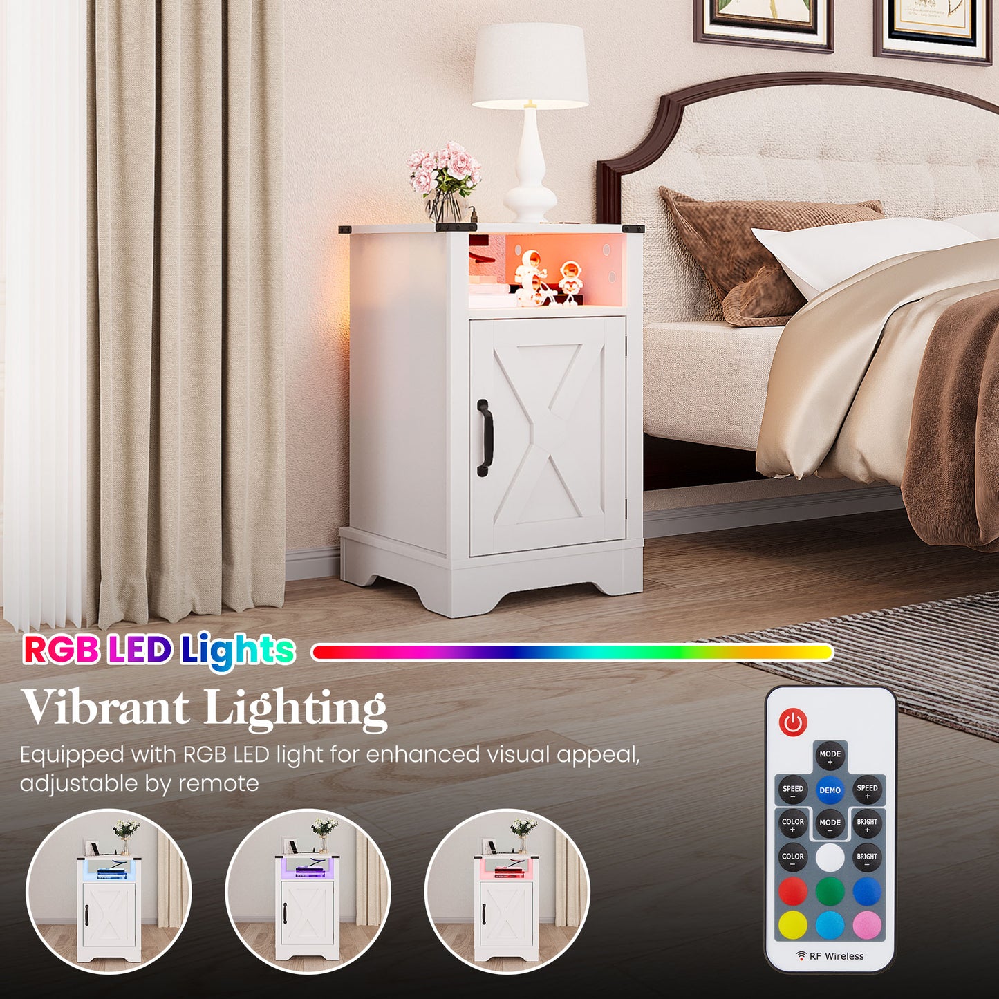 LED Nightstand with Charging Station, Farmhouse Wooden Side Table, Bedside Table with Storage Cabinet and Shelf, Rustic End Table for Bedroom, Living Room