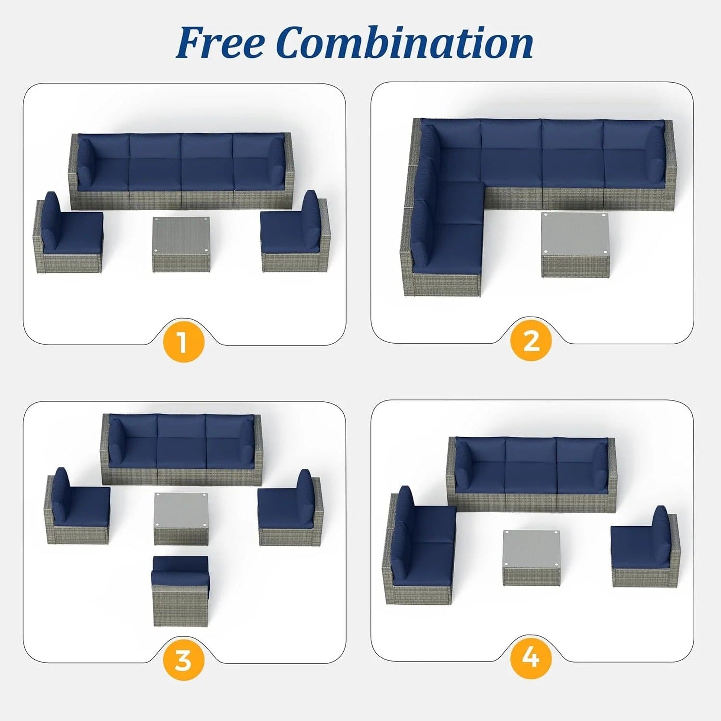sunvivicollection Outdoor Patio Furniture Set, 7 Pieces Outdoor Wicker Sectional Sofa with Waterproof Cover, Blue Cushions with Strip and Zippers, Brown