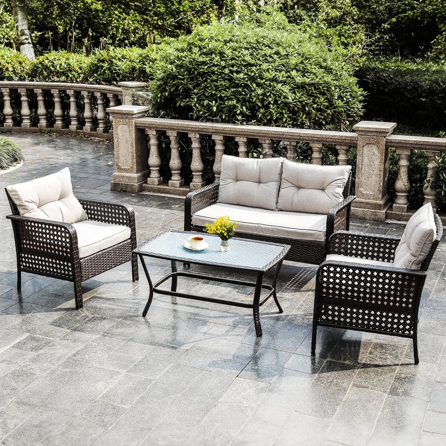 CozyHom 4-Piece Patio Furniture Set, Outdoor Rattan Chair Wicker Conversation Sets with Cushions and Glass Coffee Table, for Porch Balcony Garden Backyard Deck
