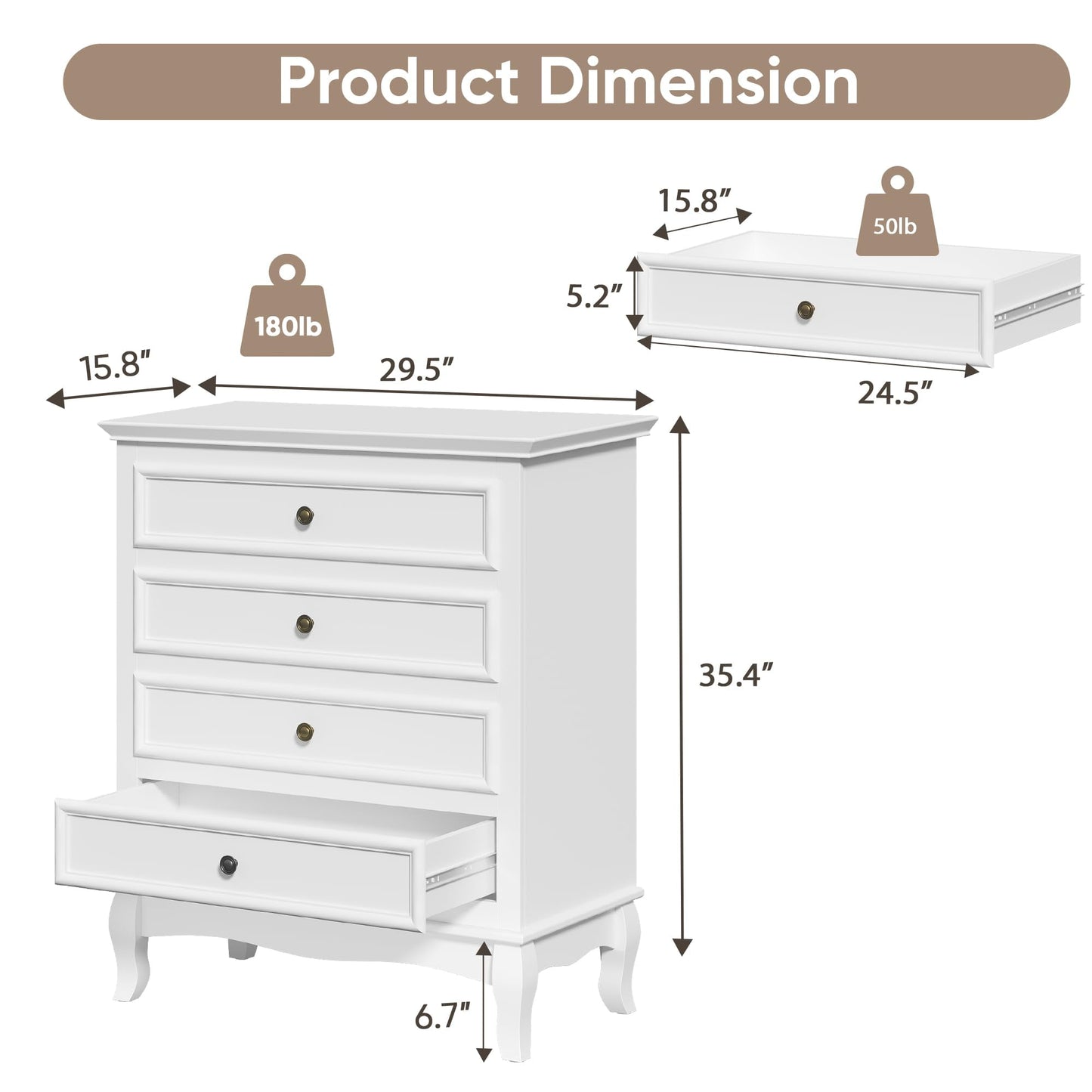 CozyHome White 4 Drawer Dresser, Large Storage Chest with Ball Bearing Slide, Wide Chest of Drawers, Modern Wood Dresser for Bedroom, Living Room, Hallway, Entryway, White