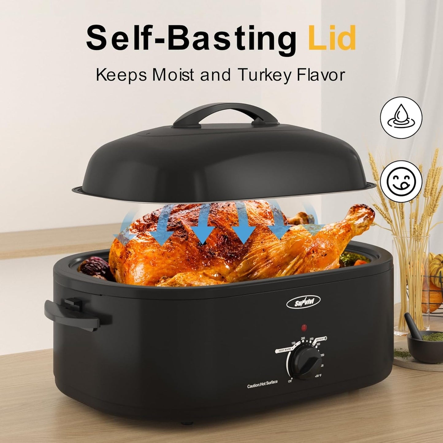 Superjoe Oven with Self-Basting Lid,20 Quart Electric Roaster with Removable Pan & Rack,150-450°F Full-Range Temperature Control with Defrost/Warm Function,Stainless Steel,Black
