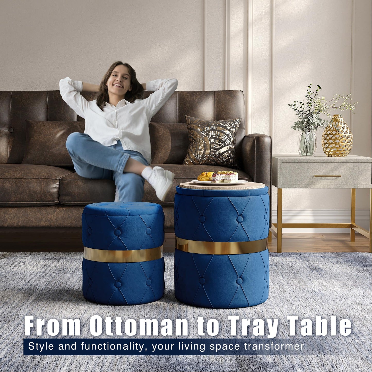 CozyHome Storage Ottoman Set of 2, Versatile Footrest Stool with Stainless Steel Base, Modern Round Vanity Stool Chair Foot Stools, Support 200lbs Padded Seat, for Living Room, Bedroom, Blue