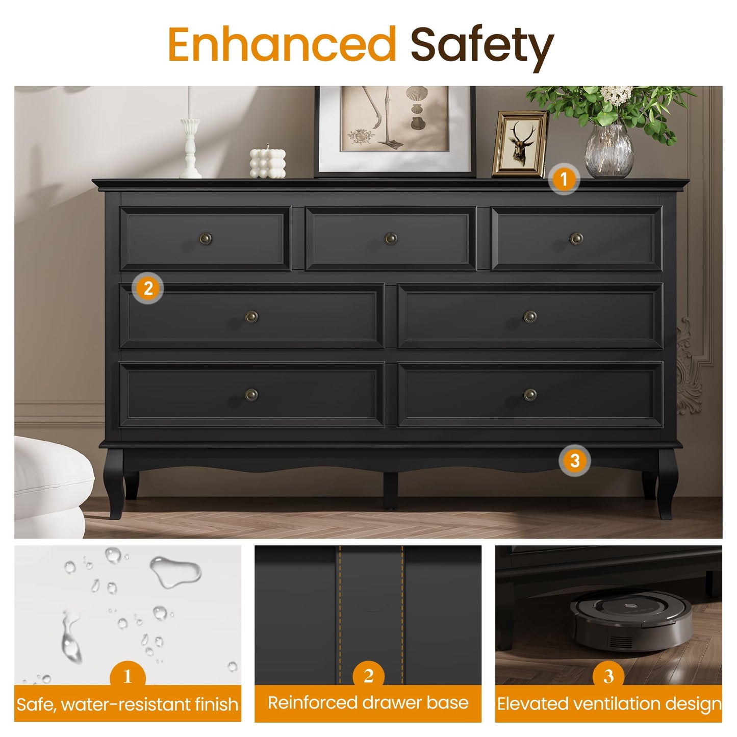 Superjoe Modern 7 Drawer Dresser with Solid Wood Legs and Painted Finish, Dresser for Bedroom, Black Chest of Drawers, Wooden Storage Closet Cabinet Organizer for Nursery, Living Room, Hallway