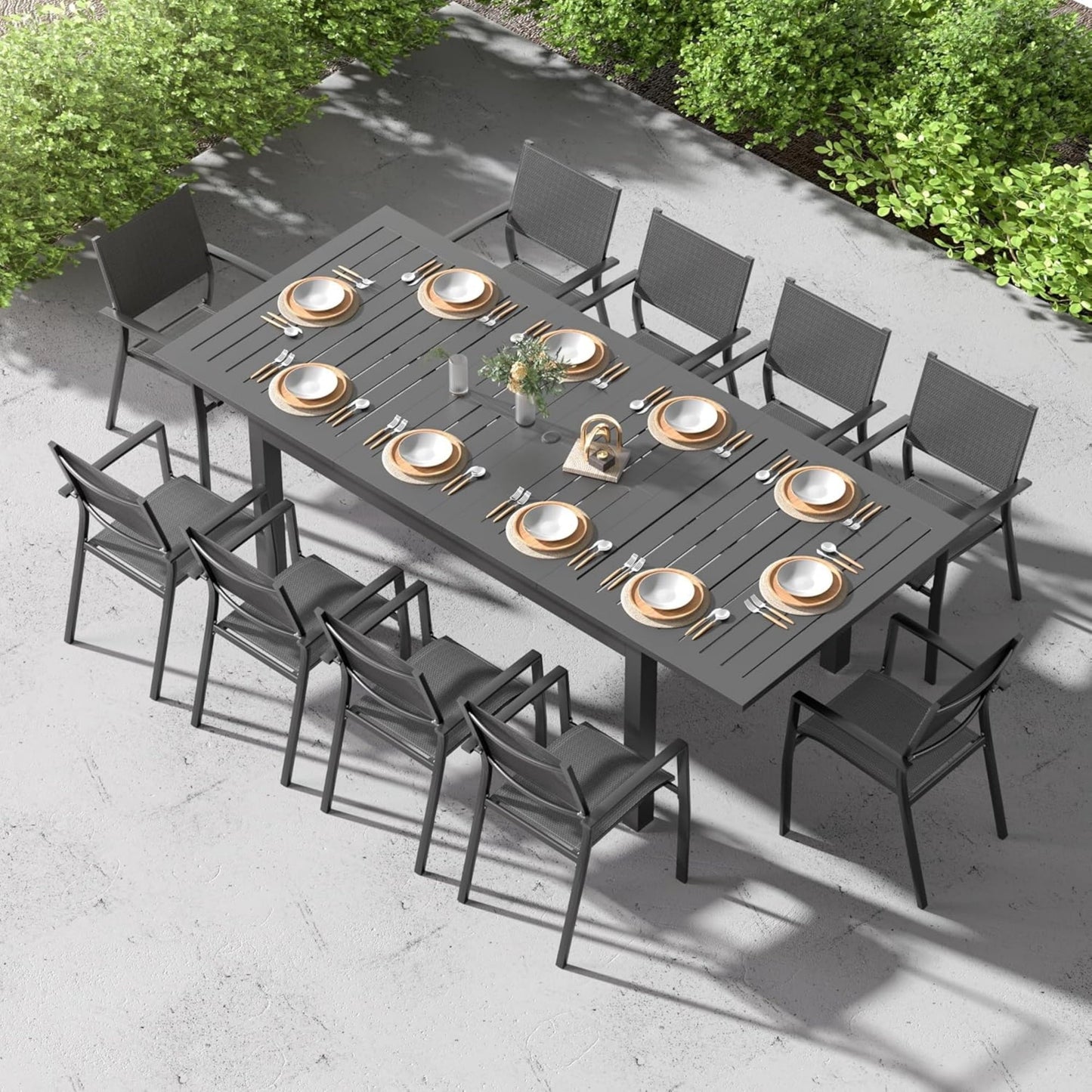 Superjoe Patio Expandable Table Dining Set for 4 to 10, Aluminum Outdoor Dining Table, Rectangular Patio Metal Table with Umbrella Hole for Backyard Porch, Deck £¦ Garden, Easy Assembly, Dark Grey