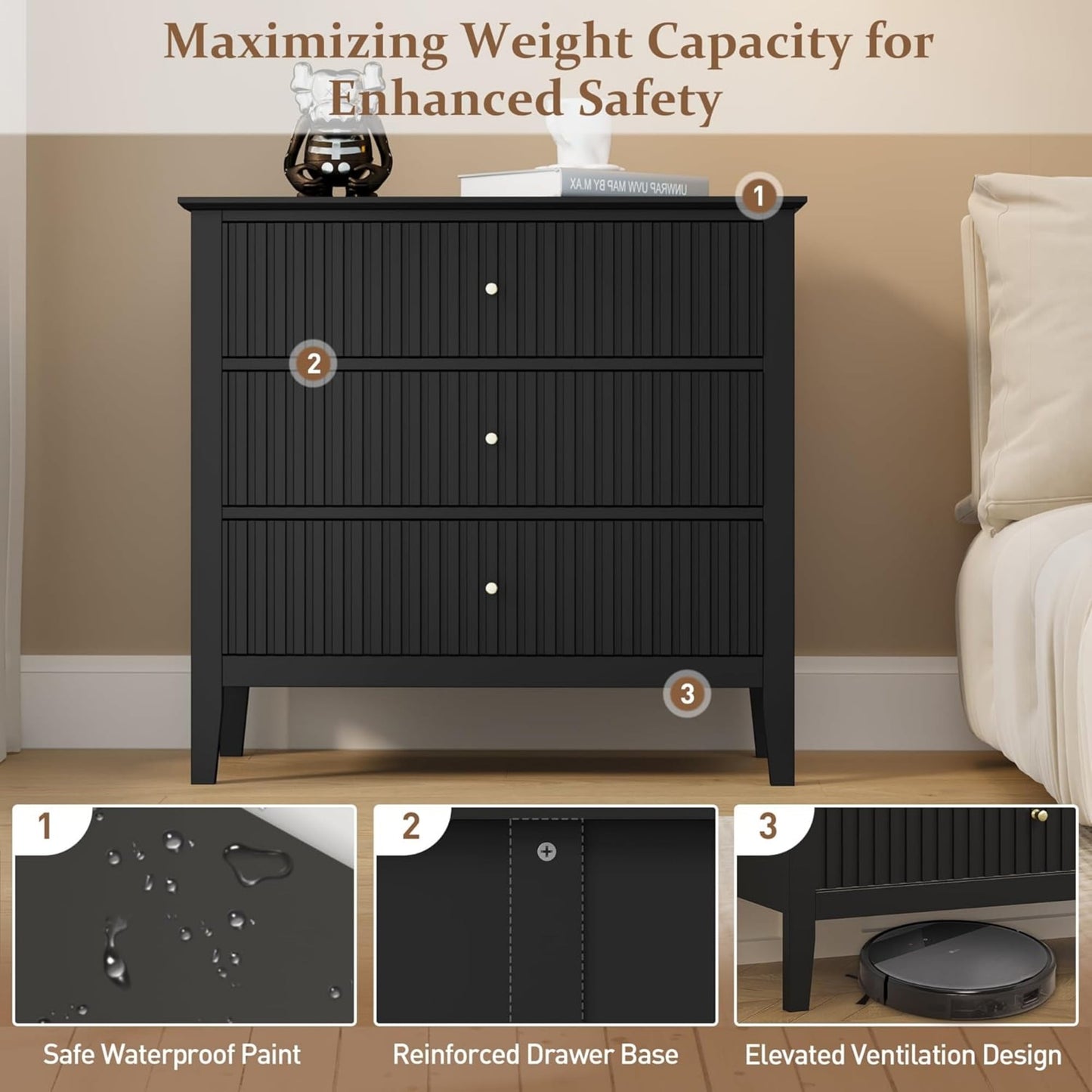 Superjoe Black 3 Drawer Dresser, Painted 30 Inch Tall Wood Nightstand with Storage, Wide Modern Chest of Drawers with Ball Bearing Slide for Bedroom Hallway Living Room Entryway Office