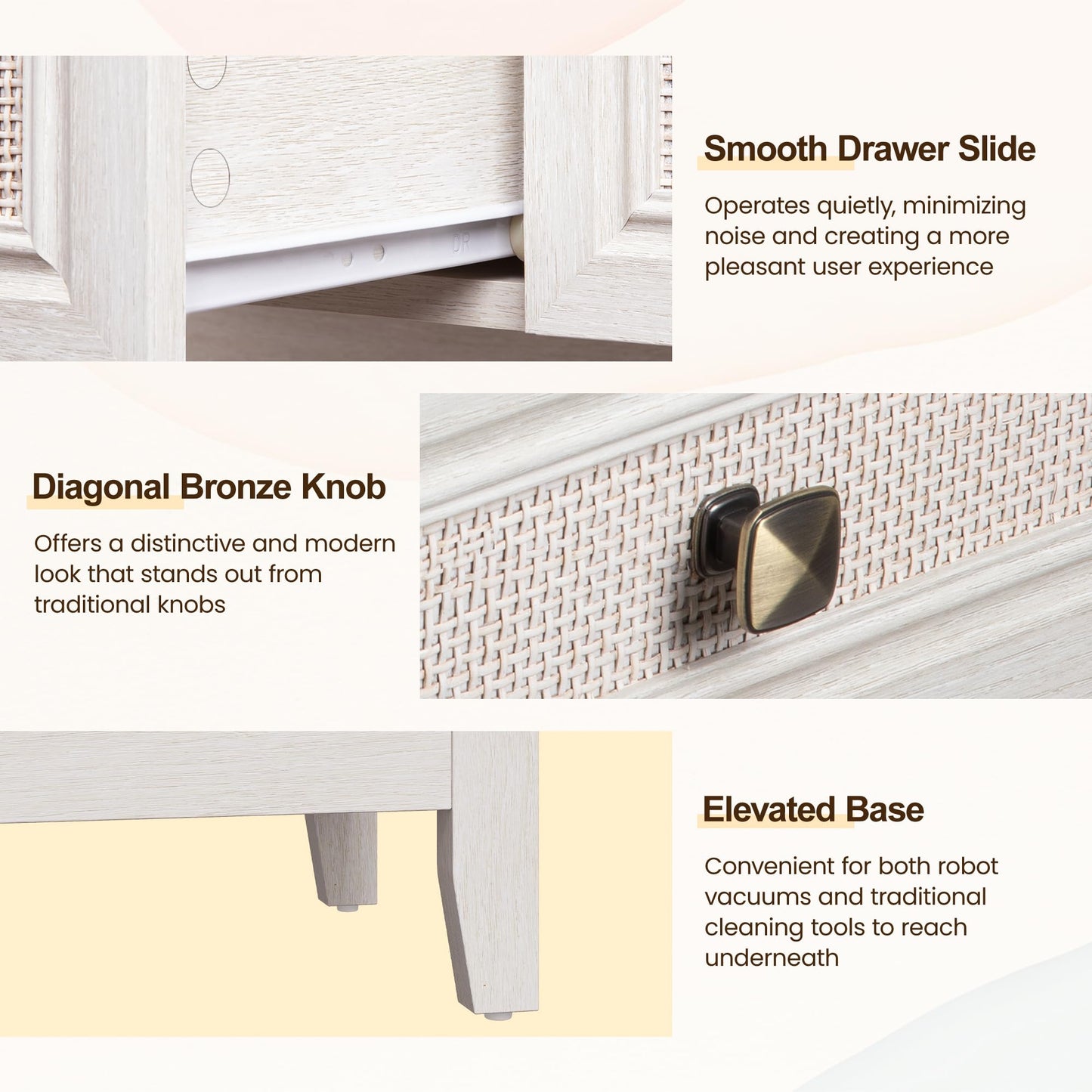 CozyHome Rattan Storage Cabinets, Accent Boho Storage Cabinet with 2 Drawers and 2 Shelves, Multipurpose Modern Storage Cabinet for Living Room, Entryway, Front Hall, Hallway, White